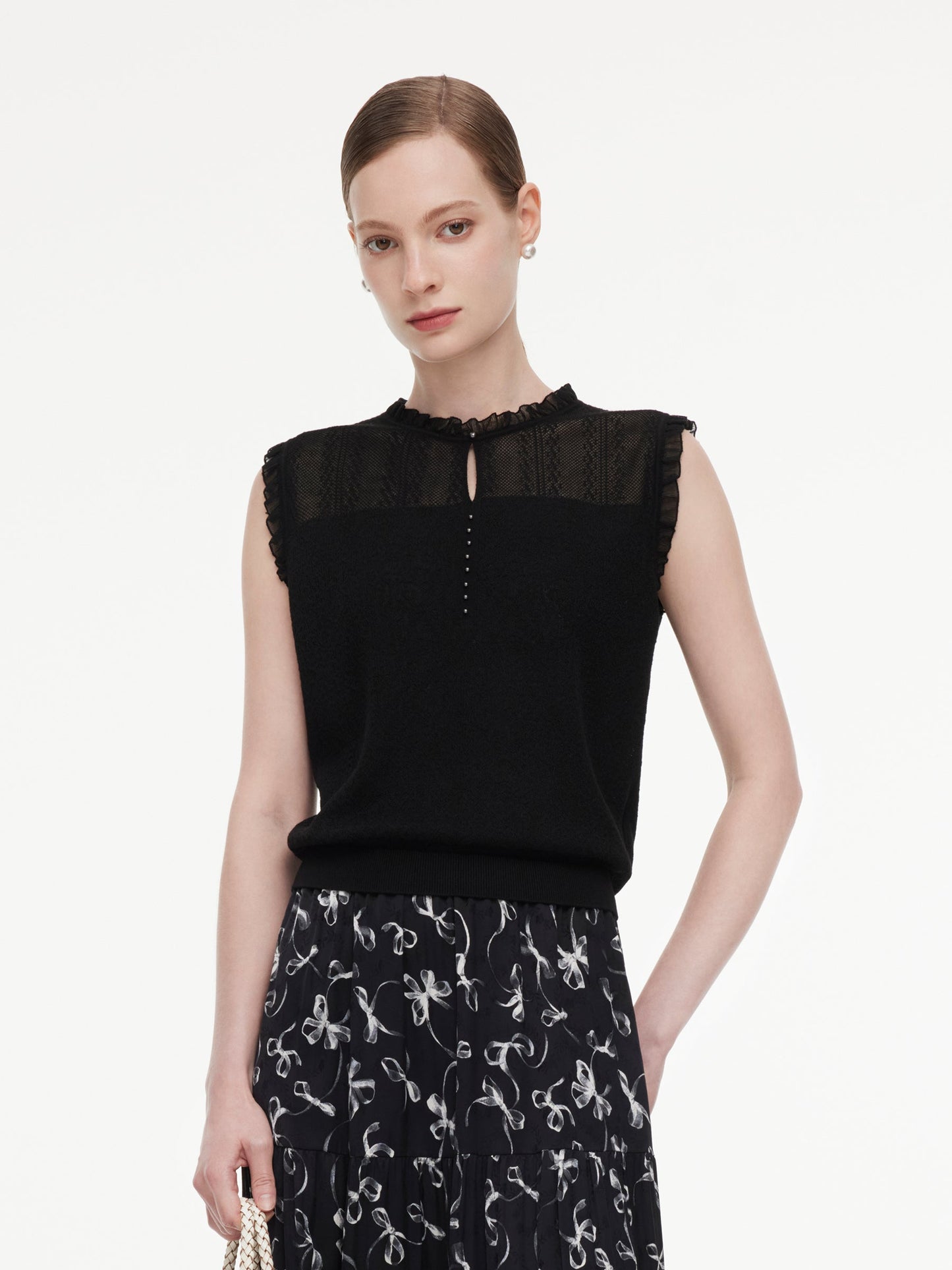 Jacquard Cut Out Neckline Women Ruffle Knit Tank Top