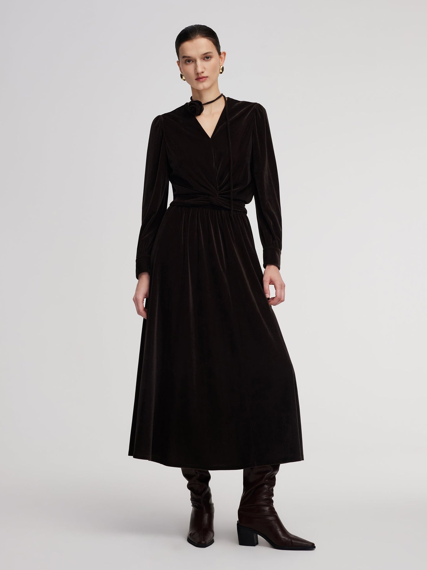 Velvet Twist Front Knit Top And Skirt Two-Piece Set With Floral Ribbon