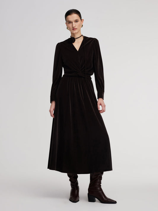 Velvet Twist Front Knit Top And Skirt Two-Piece Set With Floral Ribbon