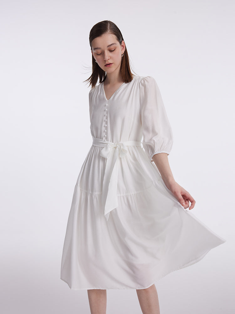 White V-Neck Gathered Waist Midi Dress