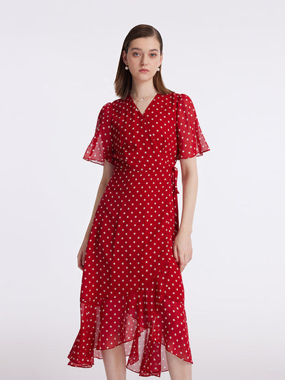 10 Momme Mulberry Silk Polka Dots Print Wrapped Ruffle Women Midi Dress