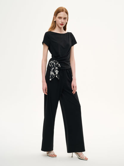 Boat Neck Side Ruched Top And Pants Two-Piece Set With Floral Print Scarf