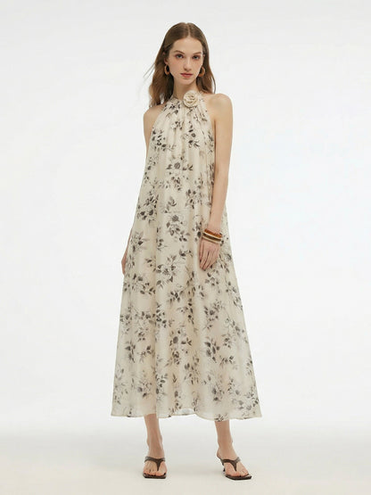 Floral Print Women Halter Maxi Dress With Ribbon