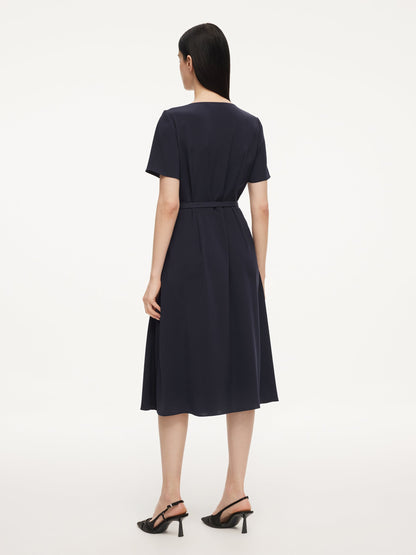 Triacetate Blend Square Neck Women Midi Dress With Belt