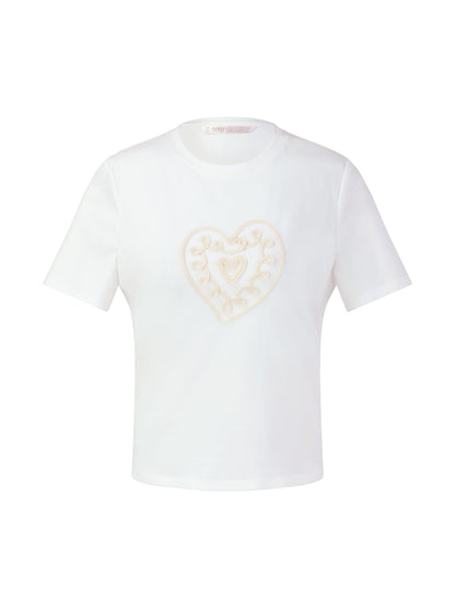 Cotton Blend Round Neck Tape Embroidered Women T-Shirt