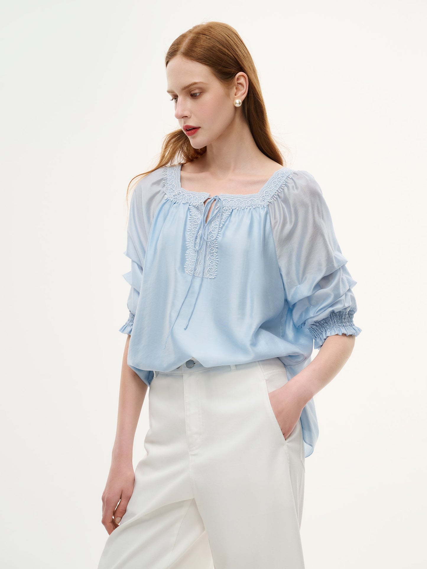 Tencel Blend Embroidered Square Neck Women Blouse