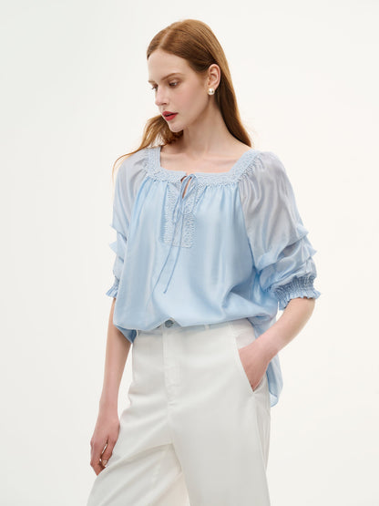 Tencel Blend Embroidered Square Neck Women Blouse
