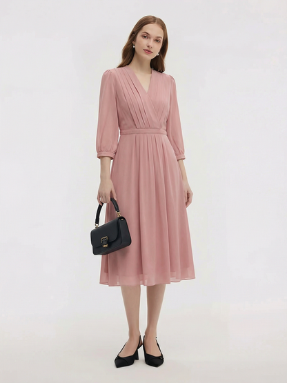 V-Neck Pleated Lace Up Wrap Midi Dress