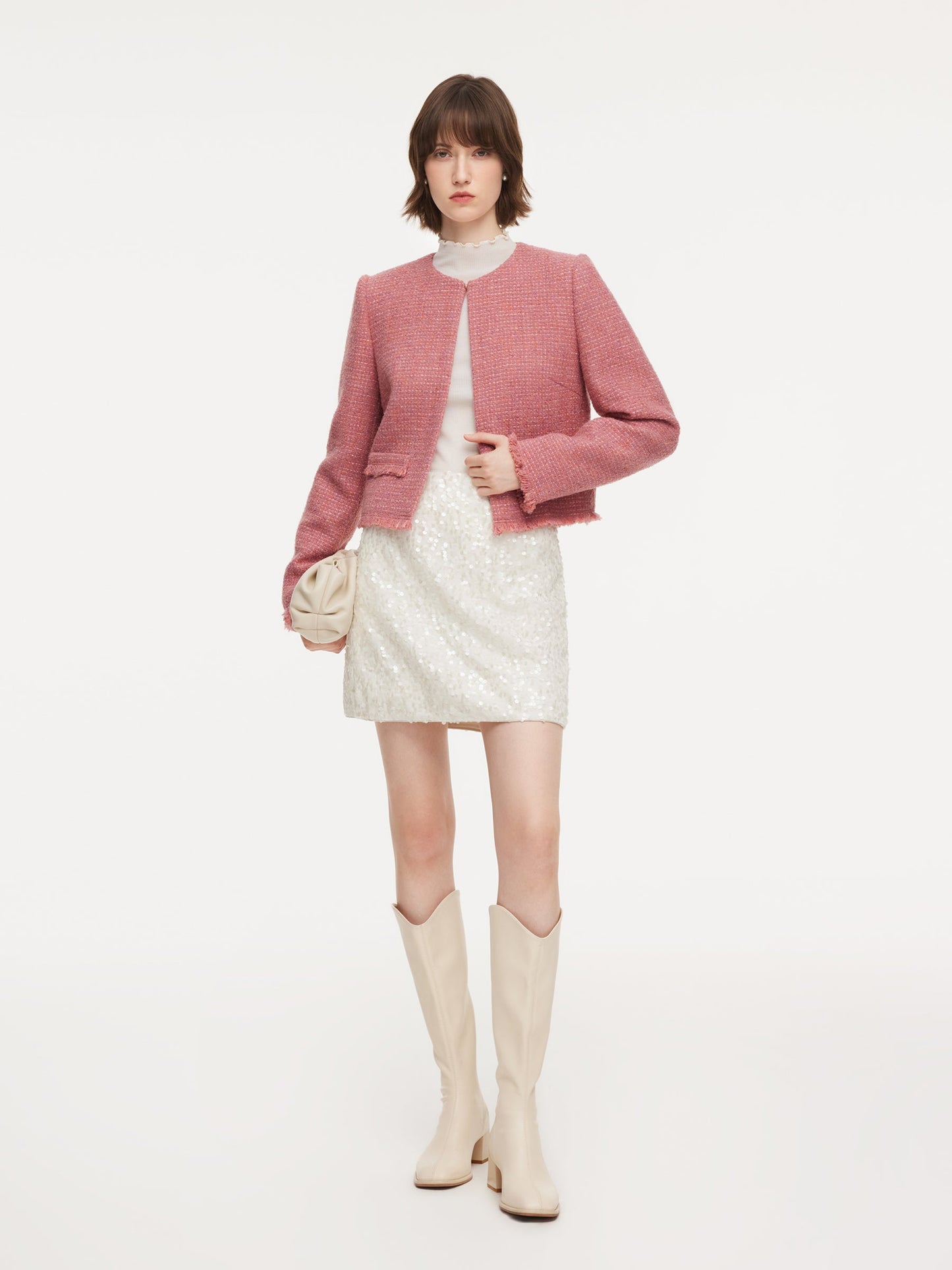 Wool Blend Tweed Frayed Hem Women Jacket