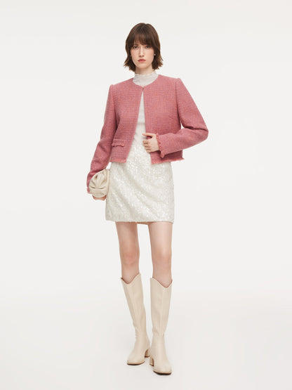 Wool Blend Tweed Frayed Hem Women Jacket