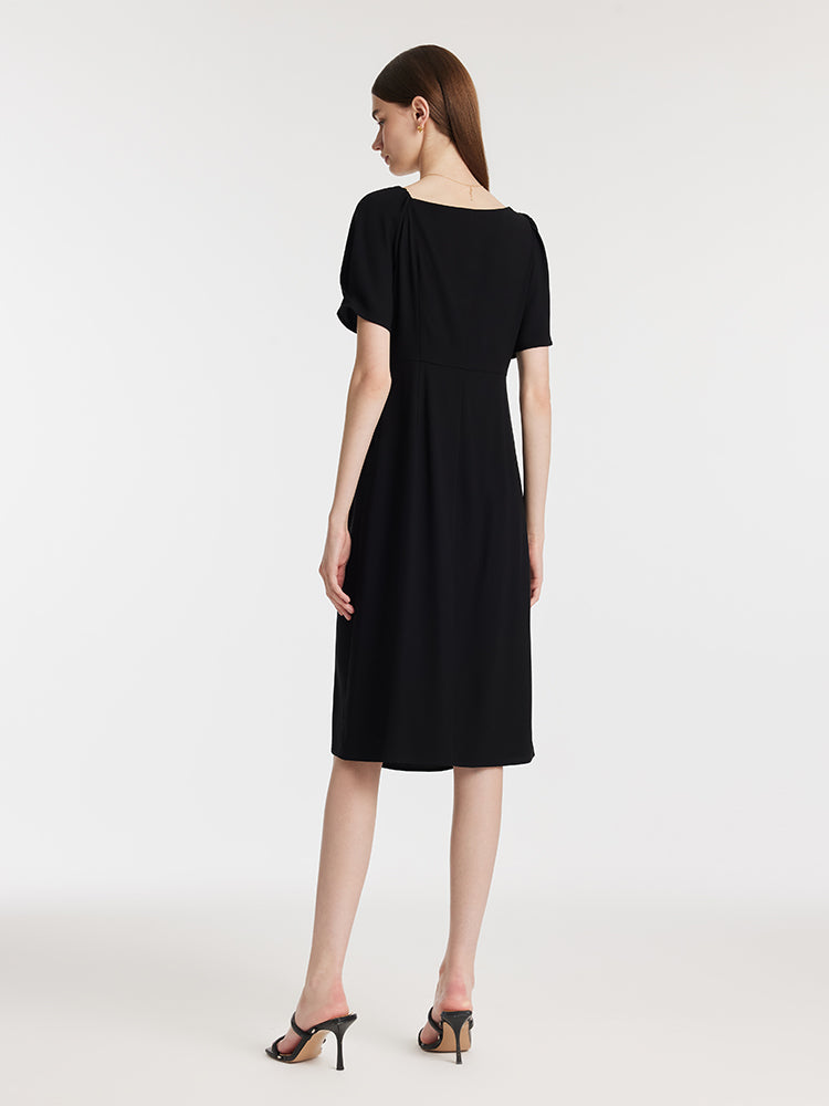 Acetate Asymmetric Neck Slit Twist Waist Women Midi Dress