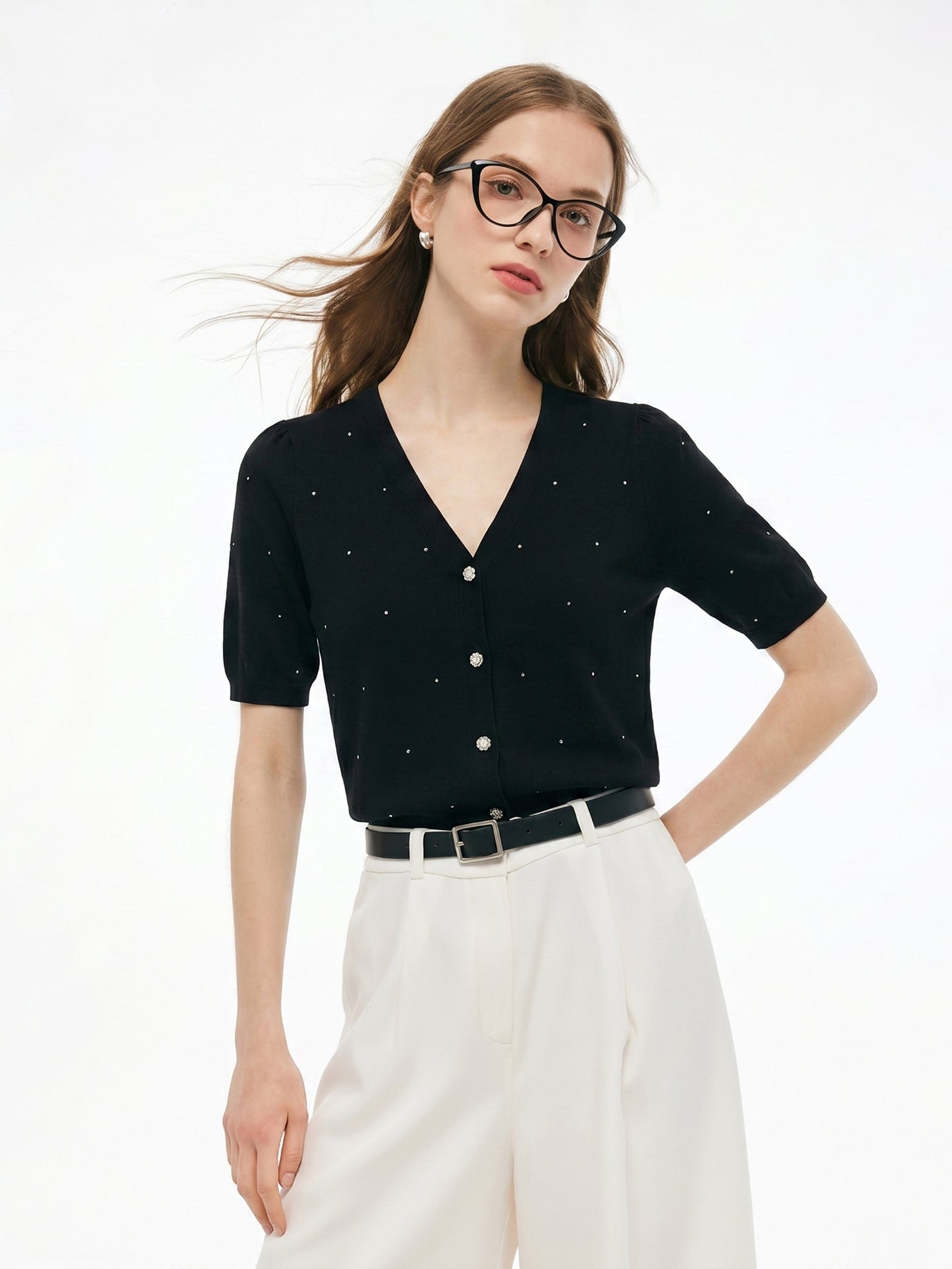 Tencel Wool Blend Rhinestone Women V-Neck Cardigan