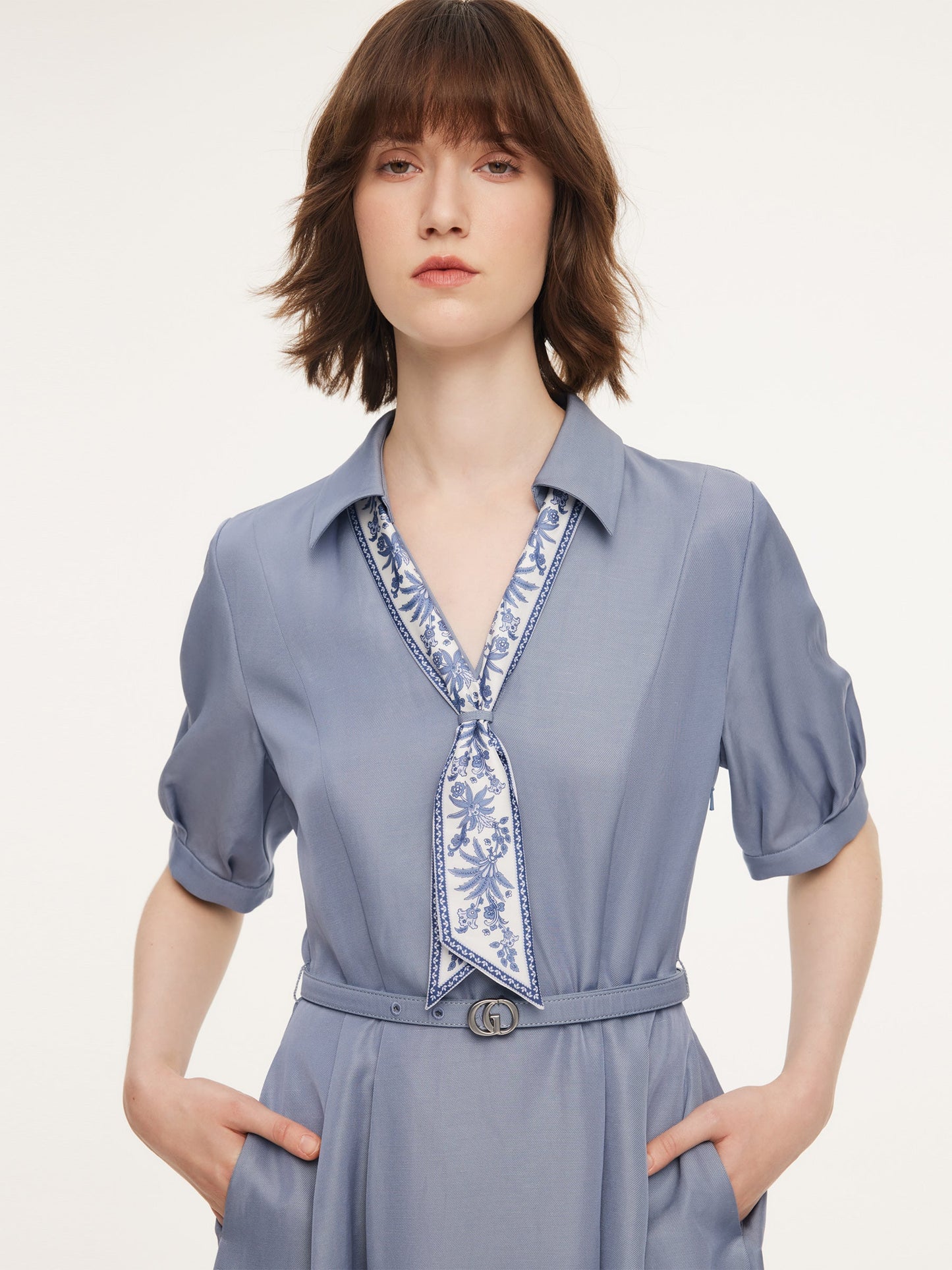 Acetate Tencel Linen Blend Women Midi Dress With Silk Scarf And Belt
