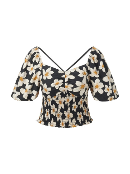Cotton Stretch Floral Print Women Smocked Top