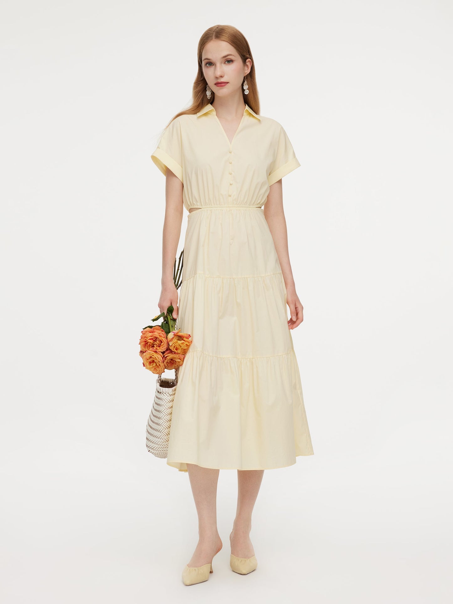 100% Cotton V-Neck Back Tie Women Maxi Shirt Dress