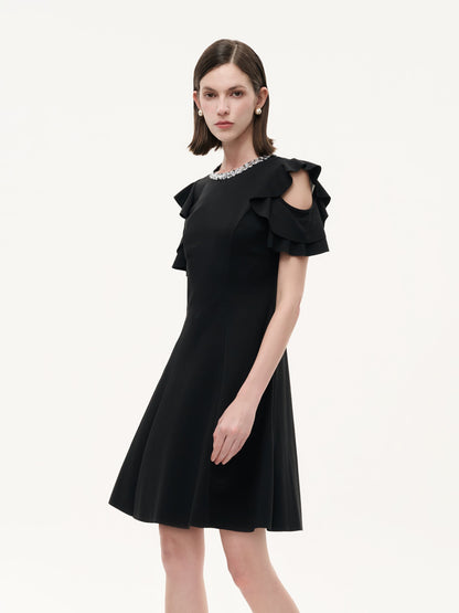 Ruffle Cold Shoulder Women Knit Mini Dress