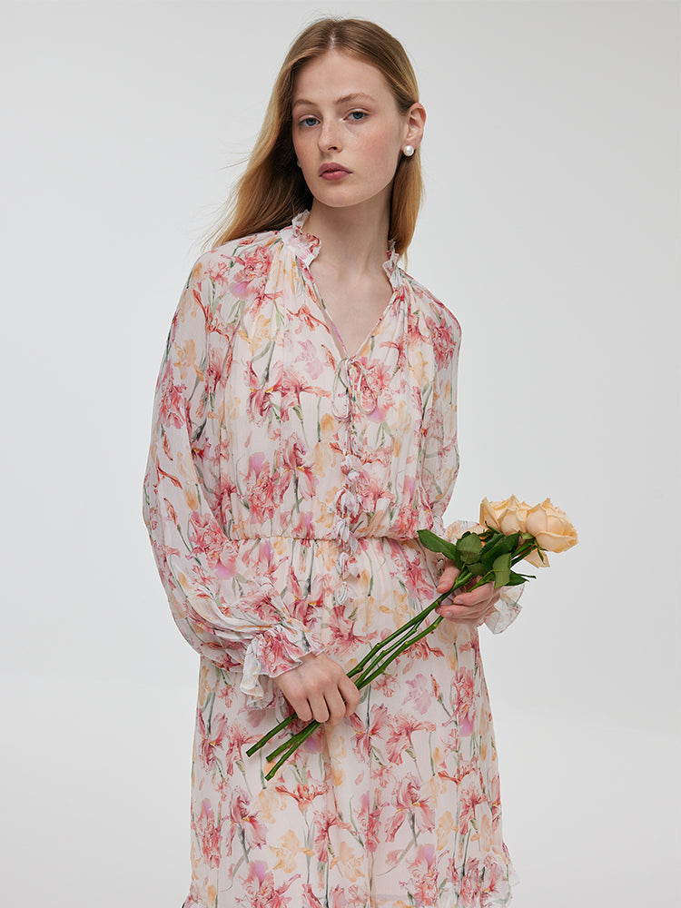 10 Momme Mulberry Silk Iris Print Ruffle Women Mini Dress