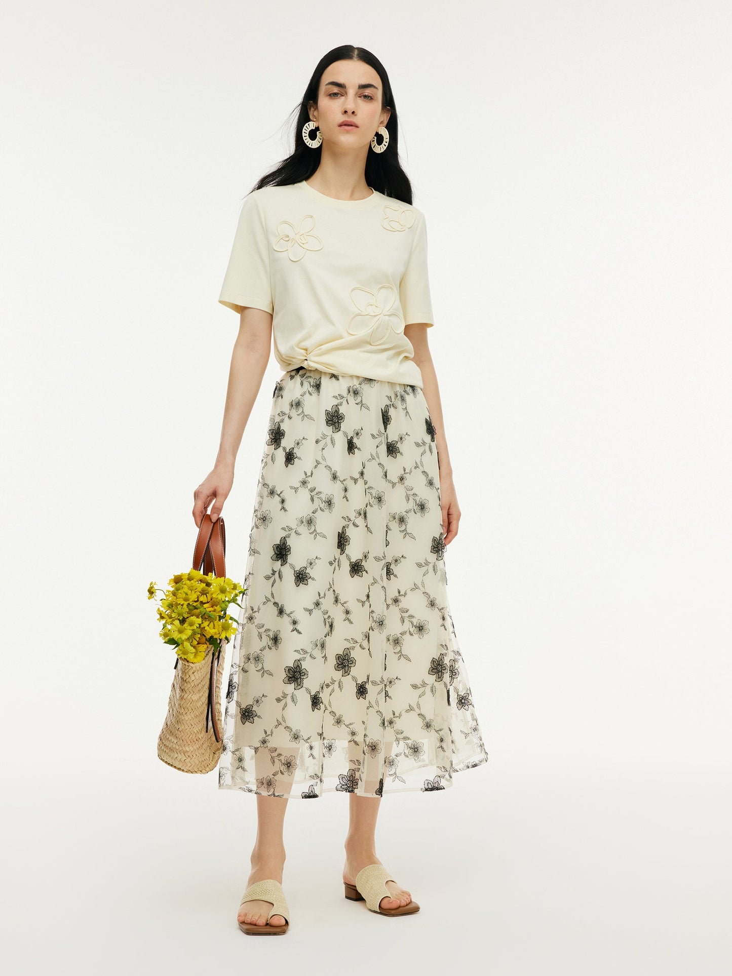 Floral Embroidered Women Elastic Waist Mesh Skirt