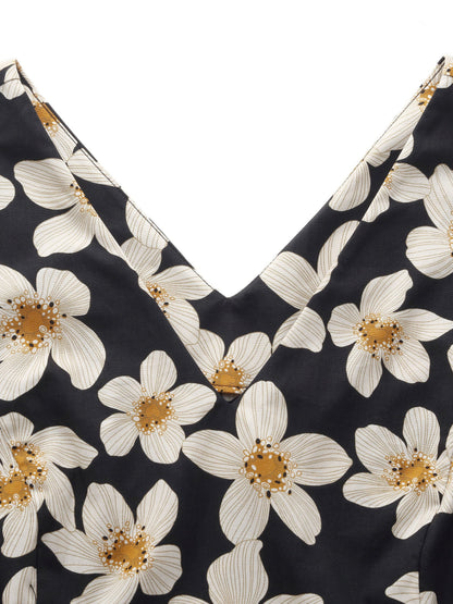 Cotton Stretch Floral Print Women Tie Belt Midi Dress