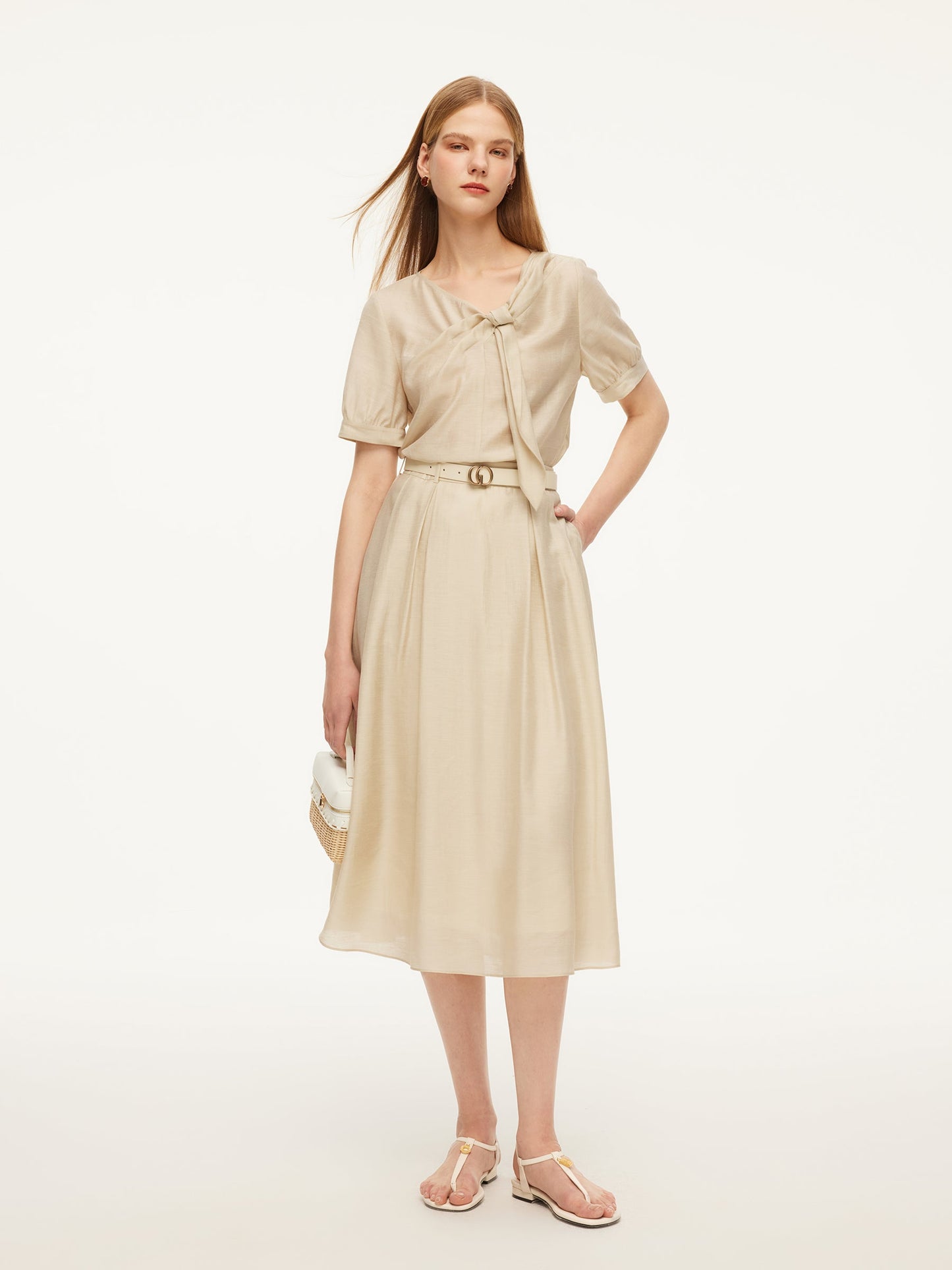 Tencel Acetate Linen Blend Women A-Line Skirt With Belt