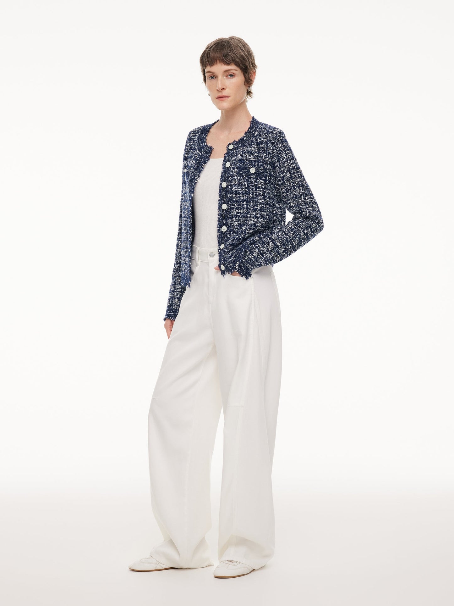 Wool Cotton Blend Frayed Trim Women Cardigan