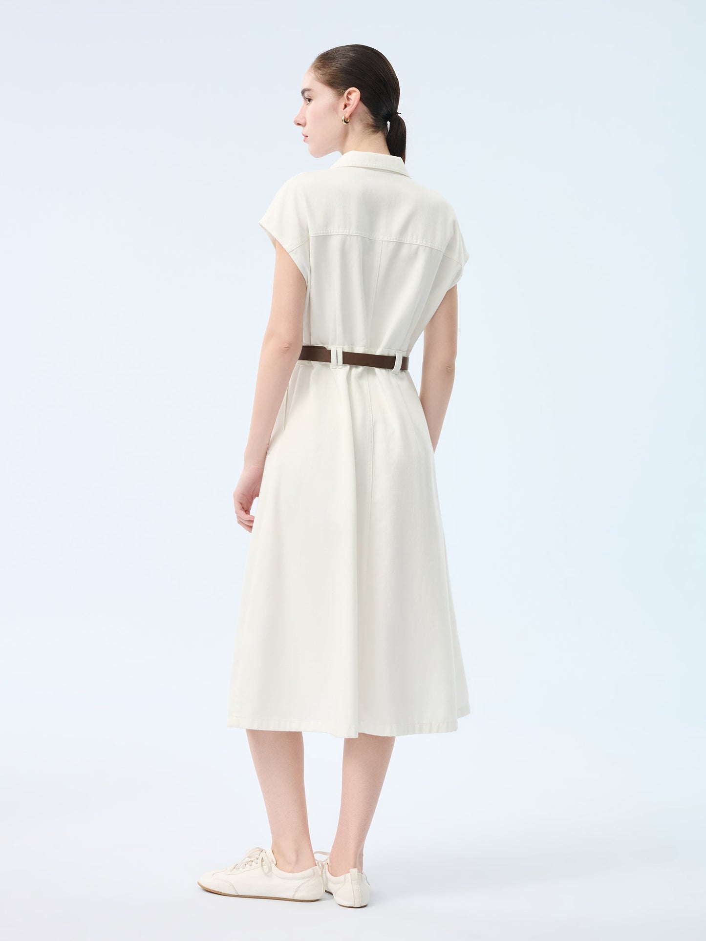 Lyocell Cotton Blend Denim Women V-Neck Maxi Shirt Dress With Belt