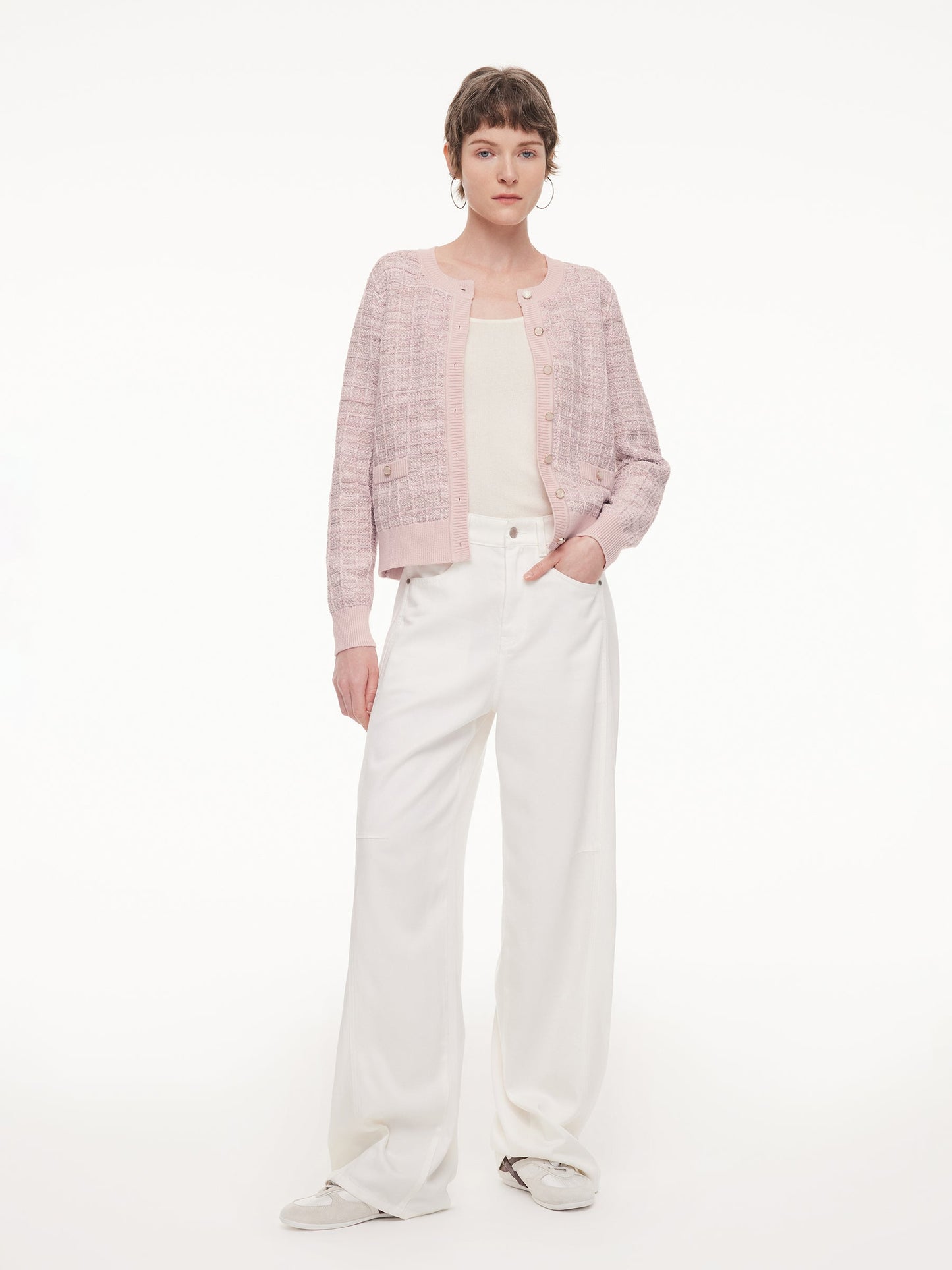Textured Round Neck Women Stretchy Cardigan