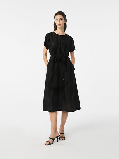 18 Momme Xiang Yun Silk Gathered Waist Women Midi Dress With Pockets
