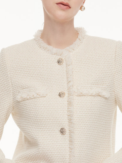 Wool Blend Tweed Fringe Trim Women Jacket