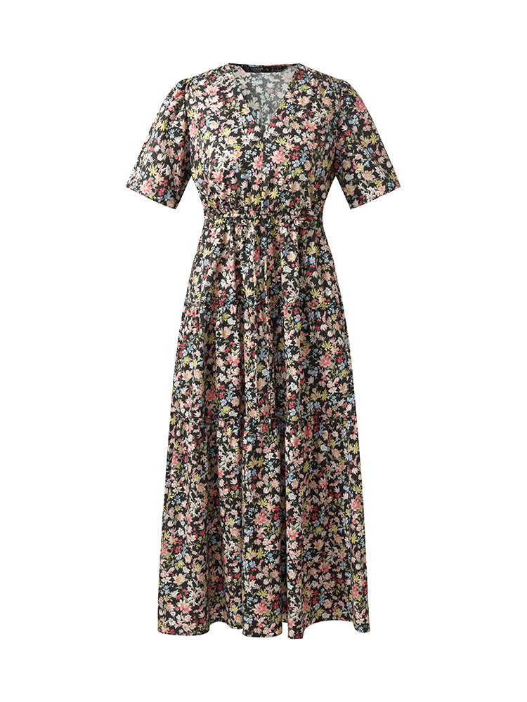 Cotton Puff Sleeve Drawstring Waist Floral Print Women Midi Dress