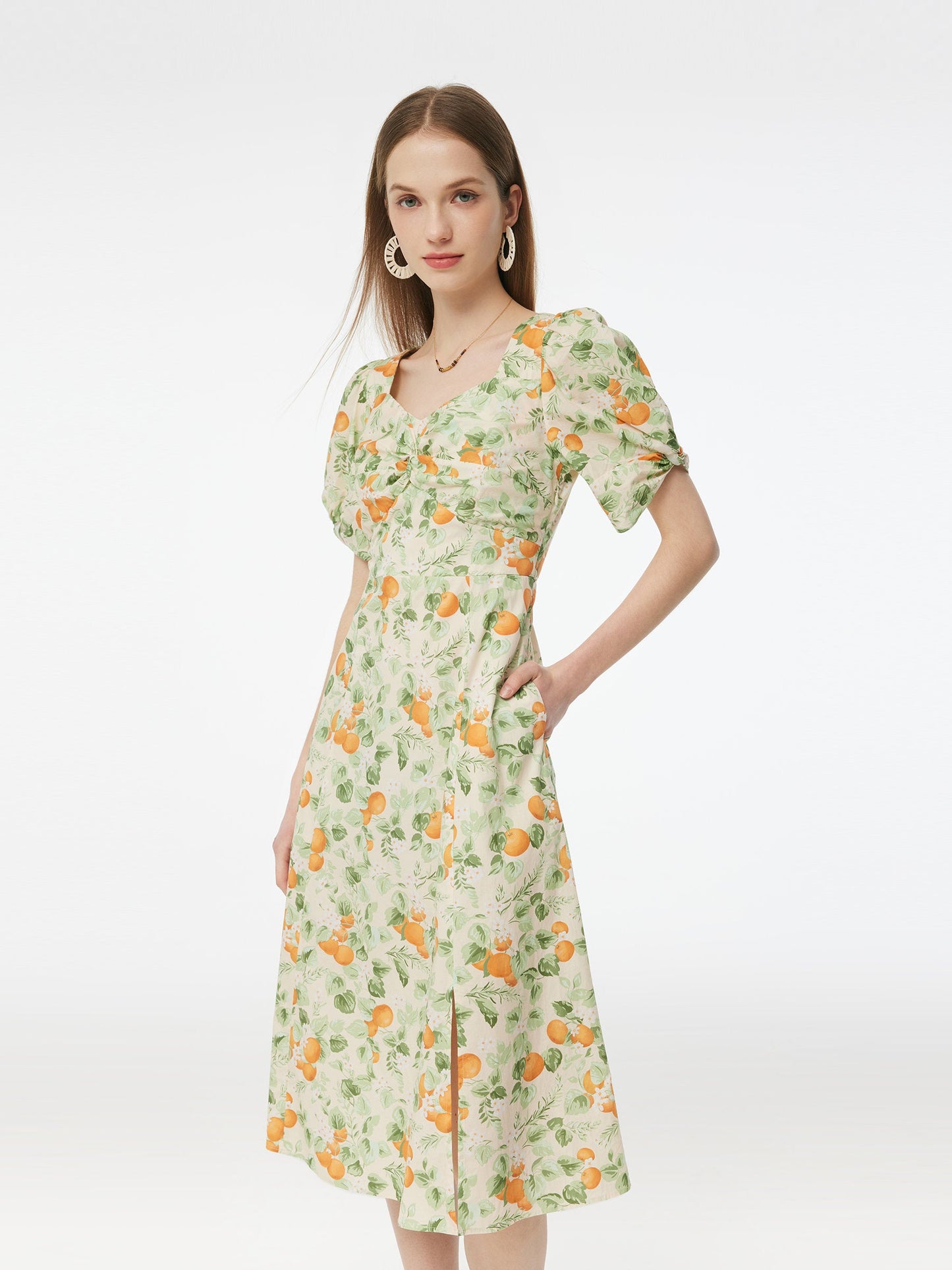 Cotton Floral Print Twist Front Women Midi Dress