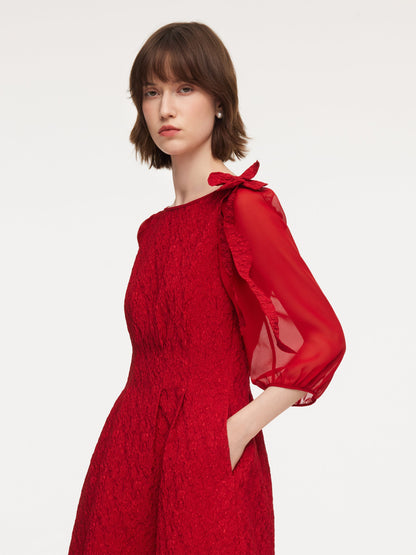 Chili Red Jacquard Boat Neck Women Midi Dress With Detachable Flower