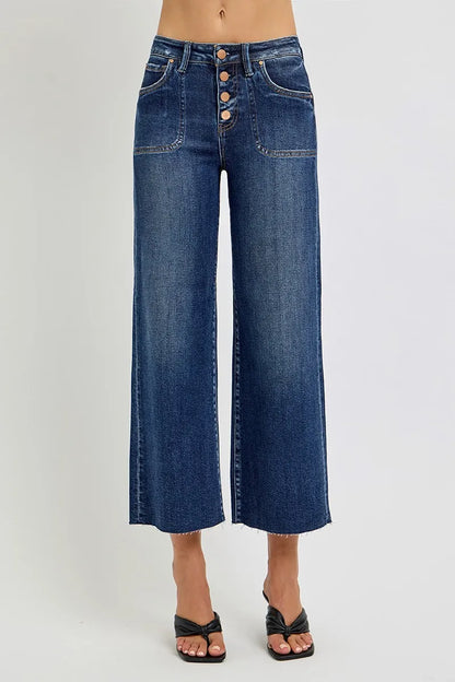 RISEN Full Size High Rise Crop Wide Button Up Jeans Plus Size