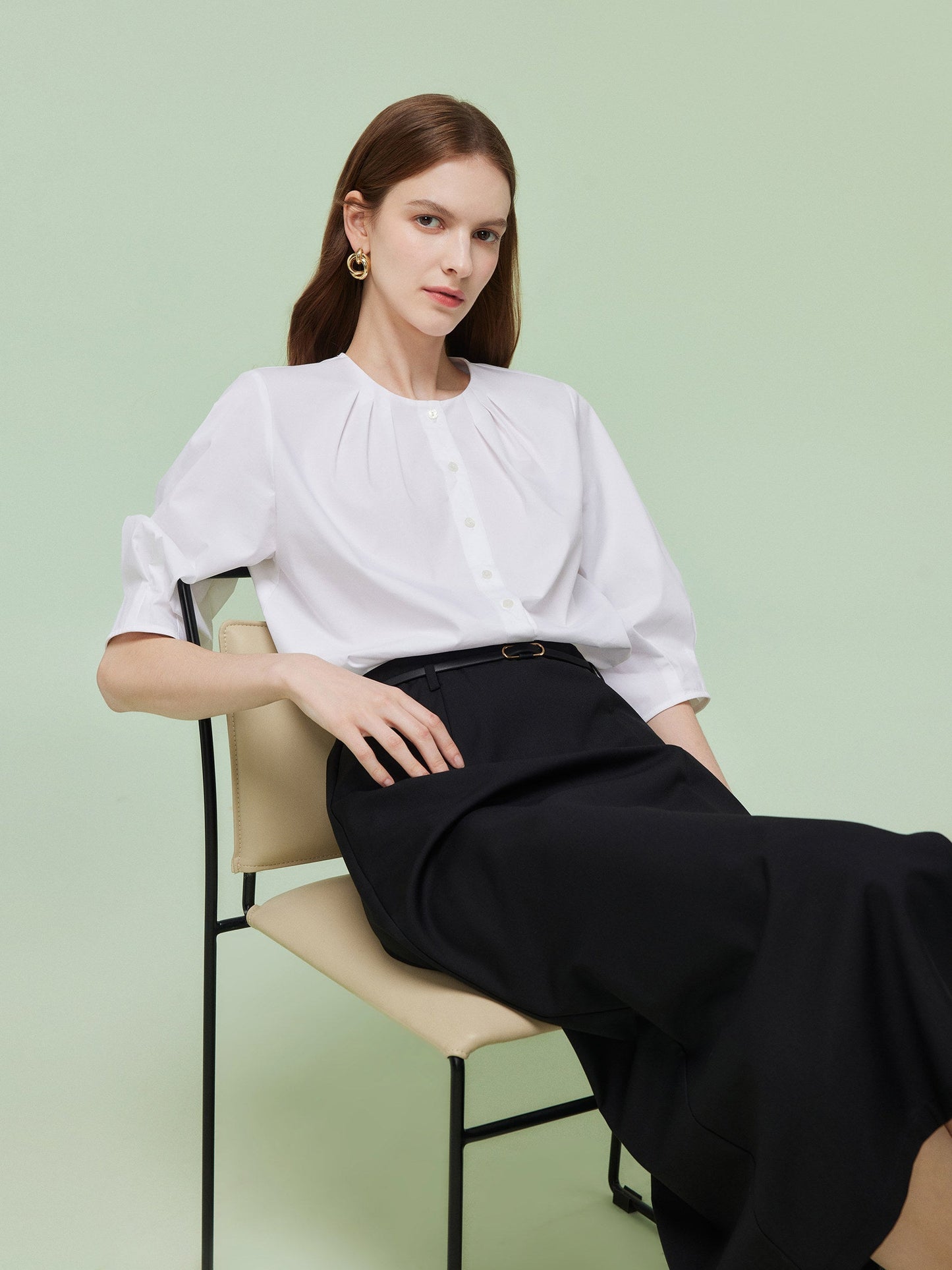Pre-Order 3/4 Sleeve Shirt And Front Slit Skirt Two-Piece Set With Leather Belt