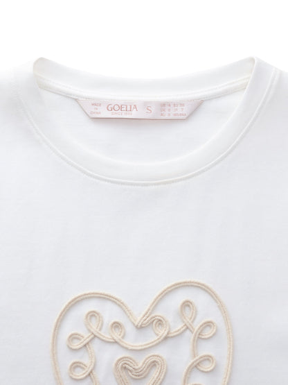 Cotton Blend Round Neck Tape Embroidered Women T-Shirt