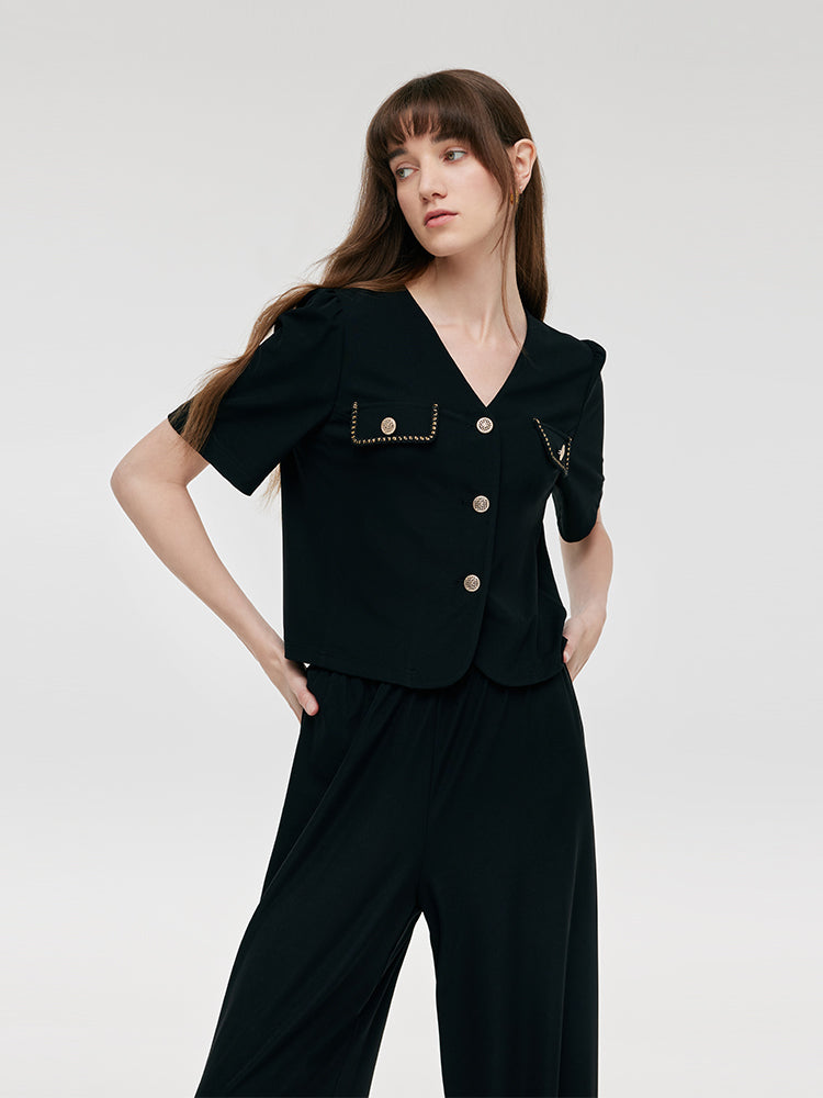 Pre-Order V-Neck Top And Straight Pants Two-Piece Set