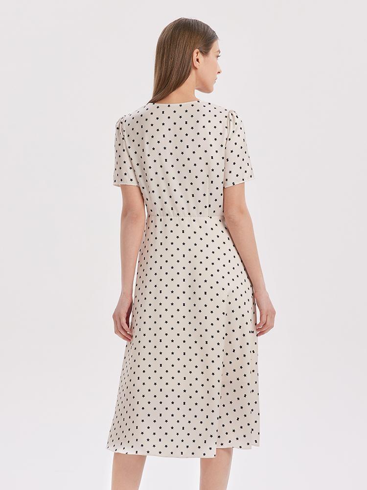 Beige Combo Print V-Neck Twisted Polka Dot Midi Dress