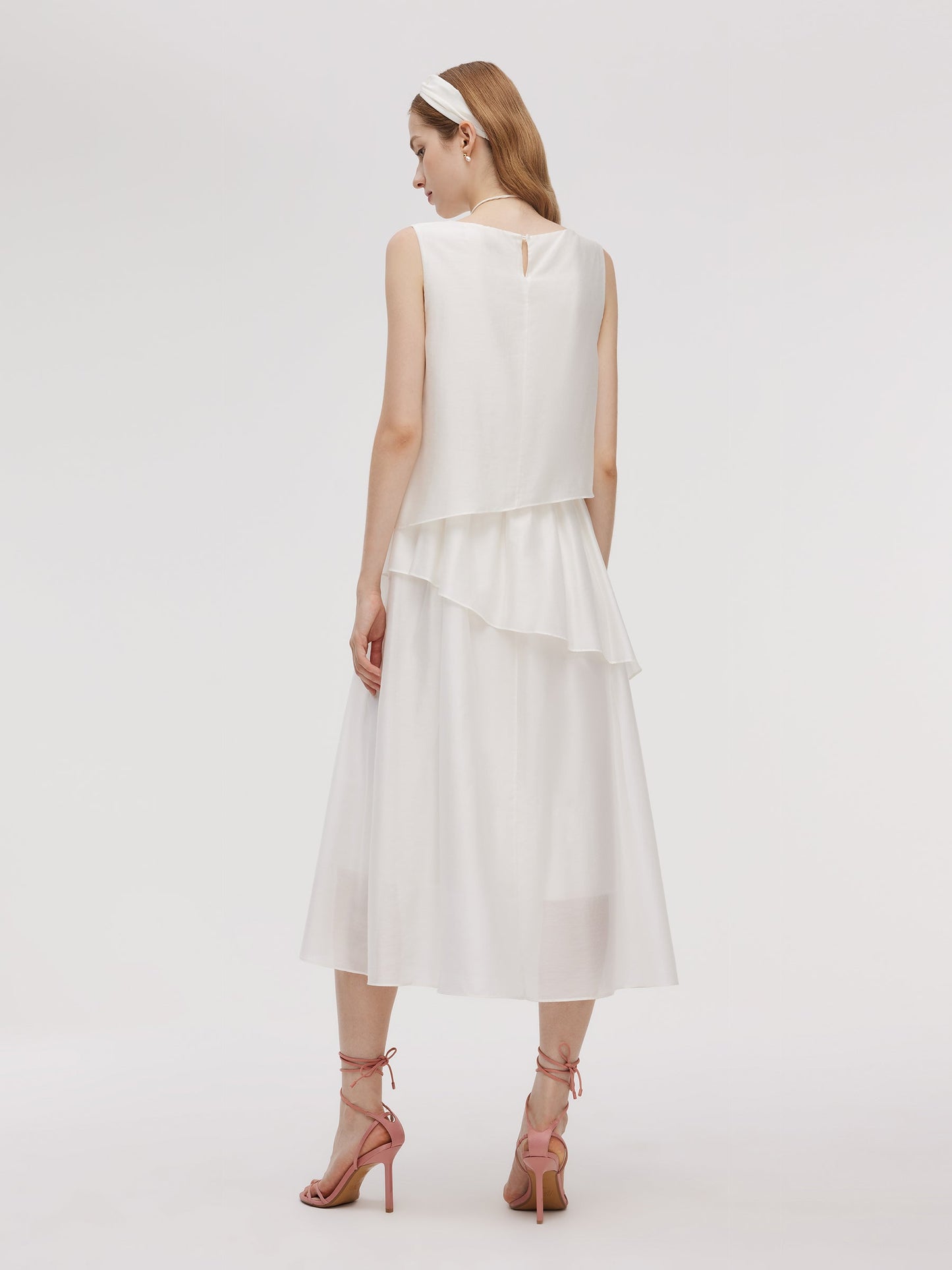 Tencel Blend Ruffle Women Tiered Sleeveless Midi Dress