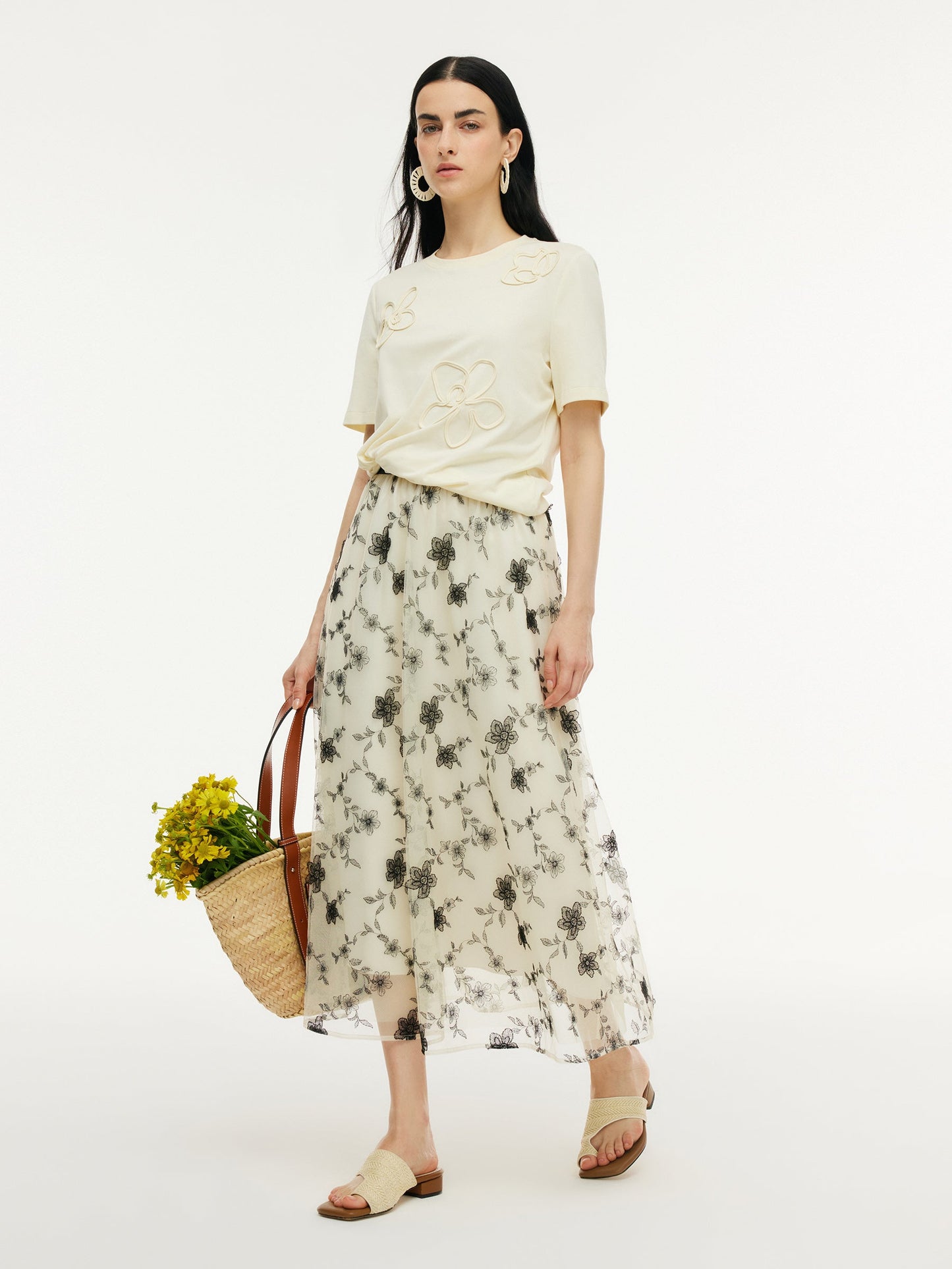 Floral Embroidered Women Elastic Waist Mesh Skirt