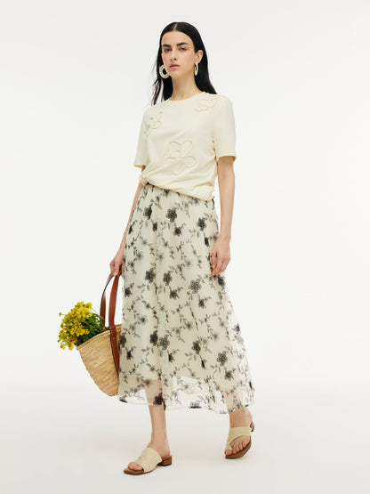 Floral Embroidered Women Elastic Waist Mesh Skirt