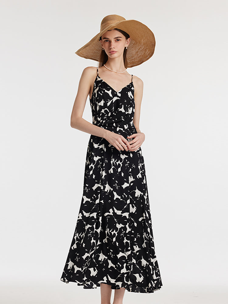 19 Momme Mulberry Silk Iris Print Women Maxi Spaghetti Strap Dress With Scrunchie
