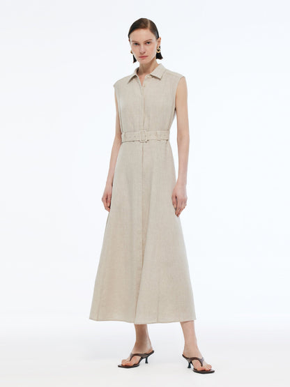 100% Linen Women Vest Maxi Shirt Dress With Belt