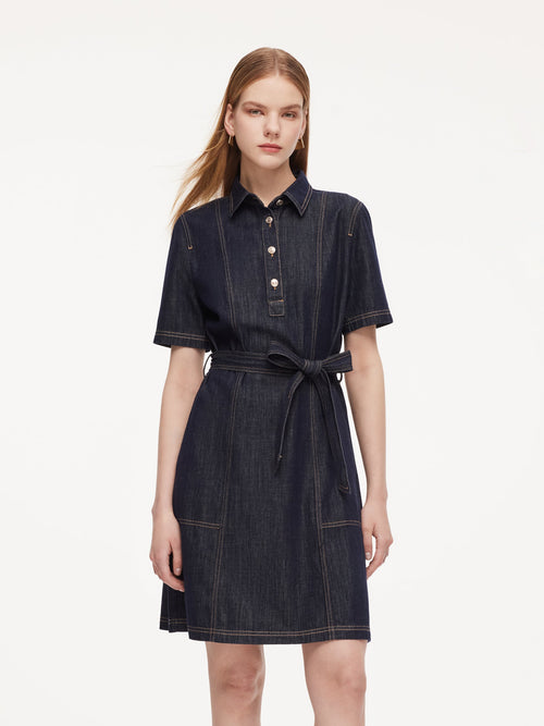 100% Cotton Denim Women A-Line Mini Shirt Dress With Self-Tie Belt