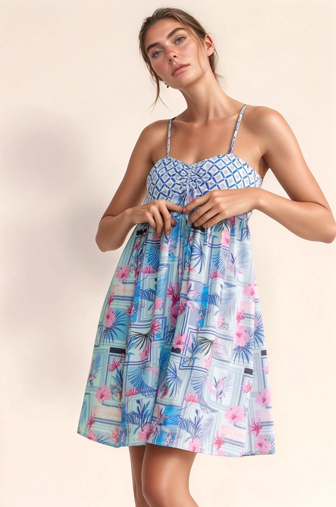 Davi & Dani Tropical Floral Geo Print Tie Back Tube Top Romper