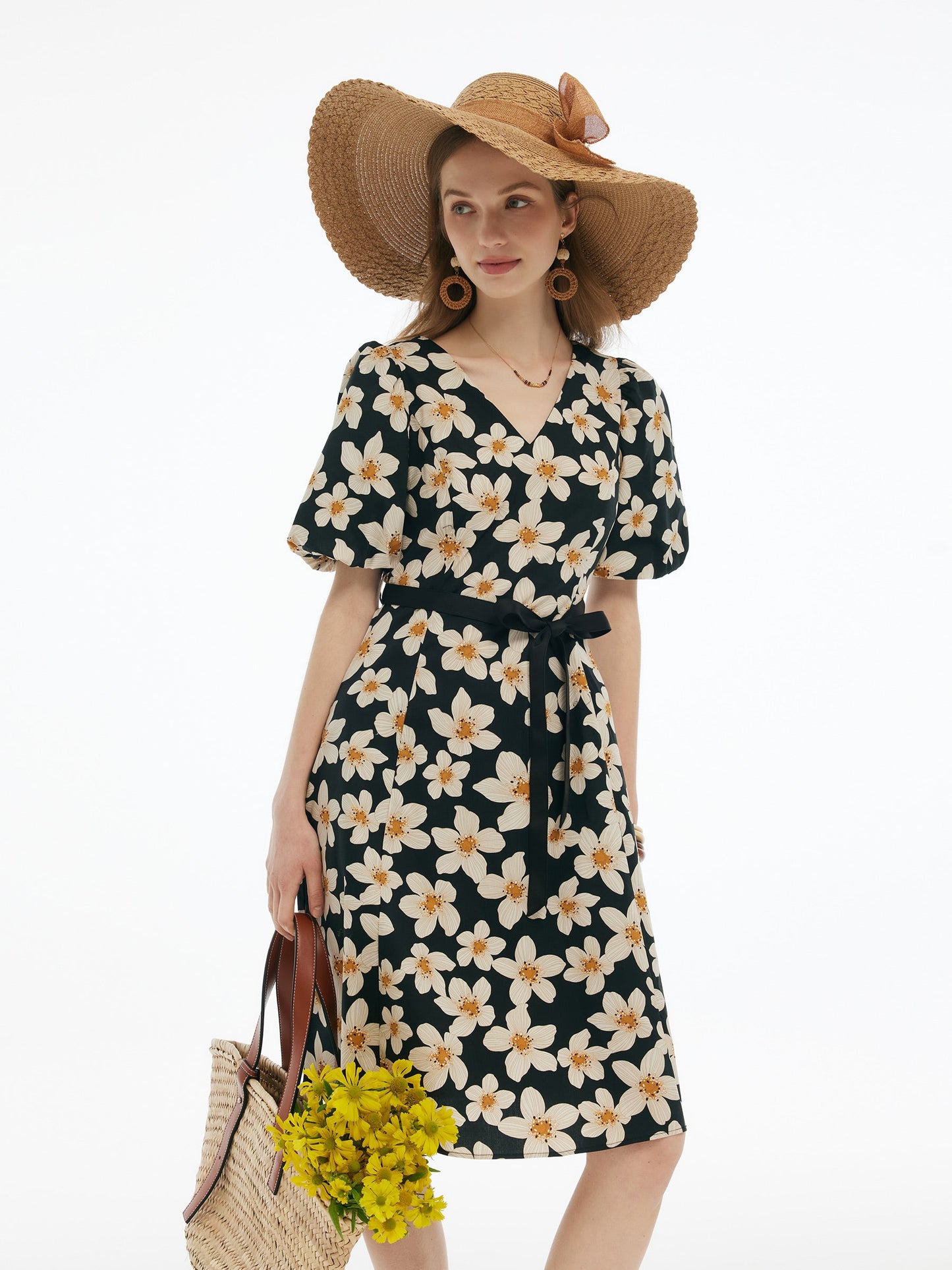 Cotton Stretch Floral Print Women Tie Belt Midi Dress