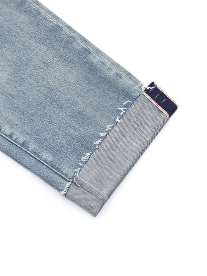 Cotton Denim Adjustable Waist Women Straight Leg Folded Jeans