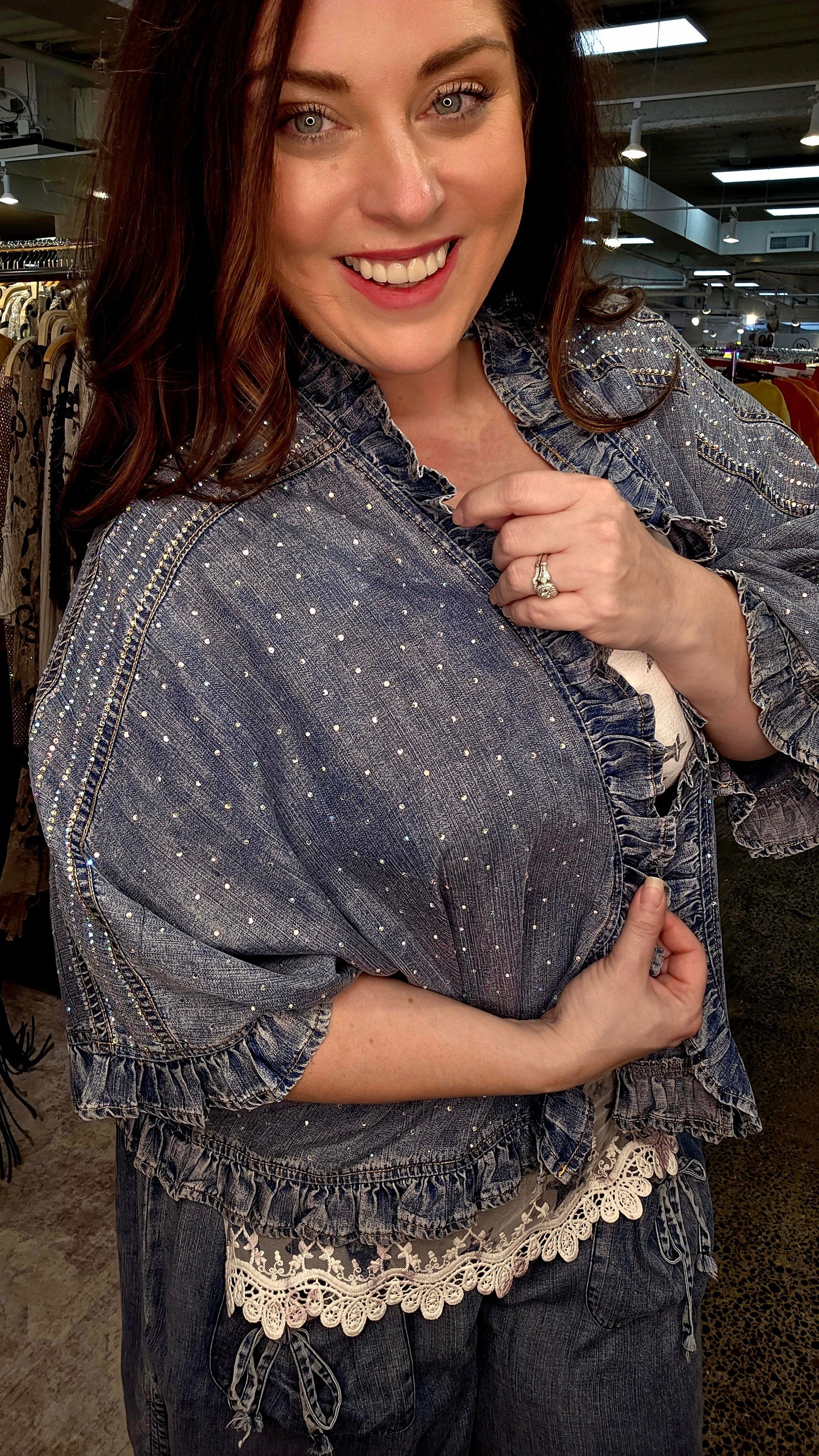 Origami - Chambray Rhinestone Ruffle Jacket