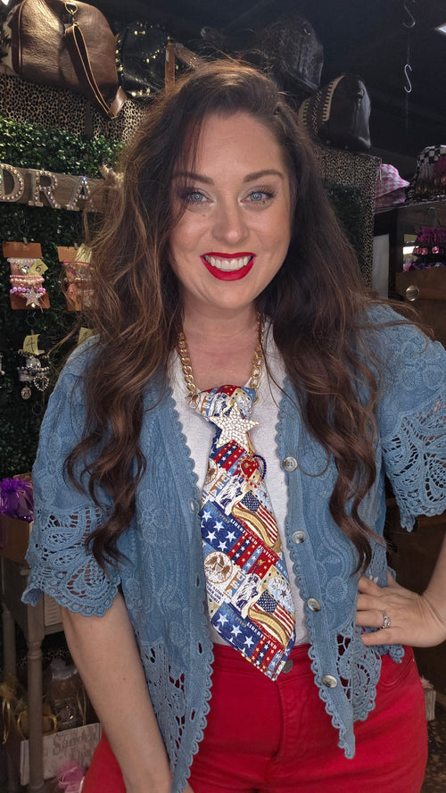 Origami - Blue Belle Lace Button Front Crochet Top