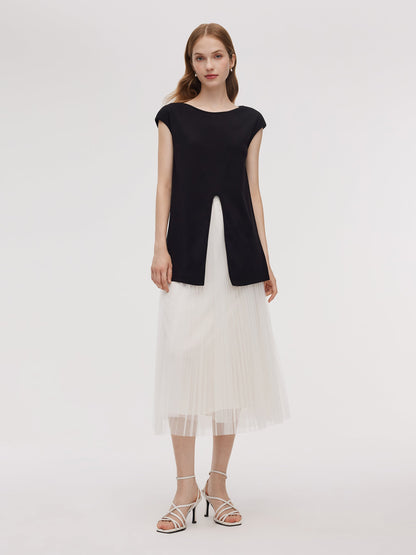 Adjustable Hem Knit Top And Mesh Pleated Skirt Two-Piece Set