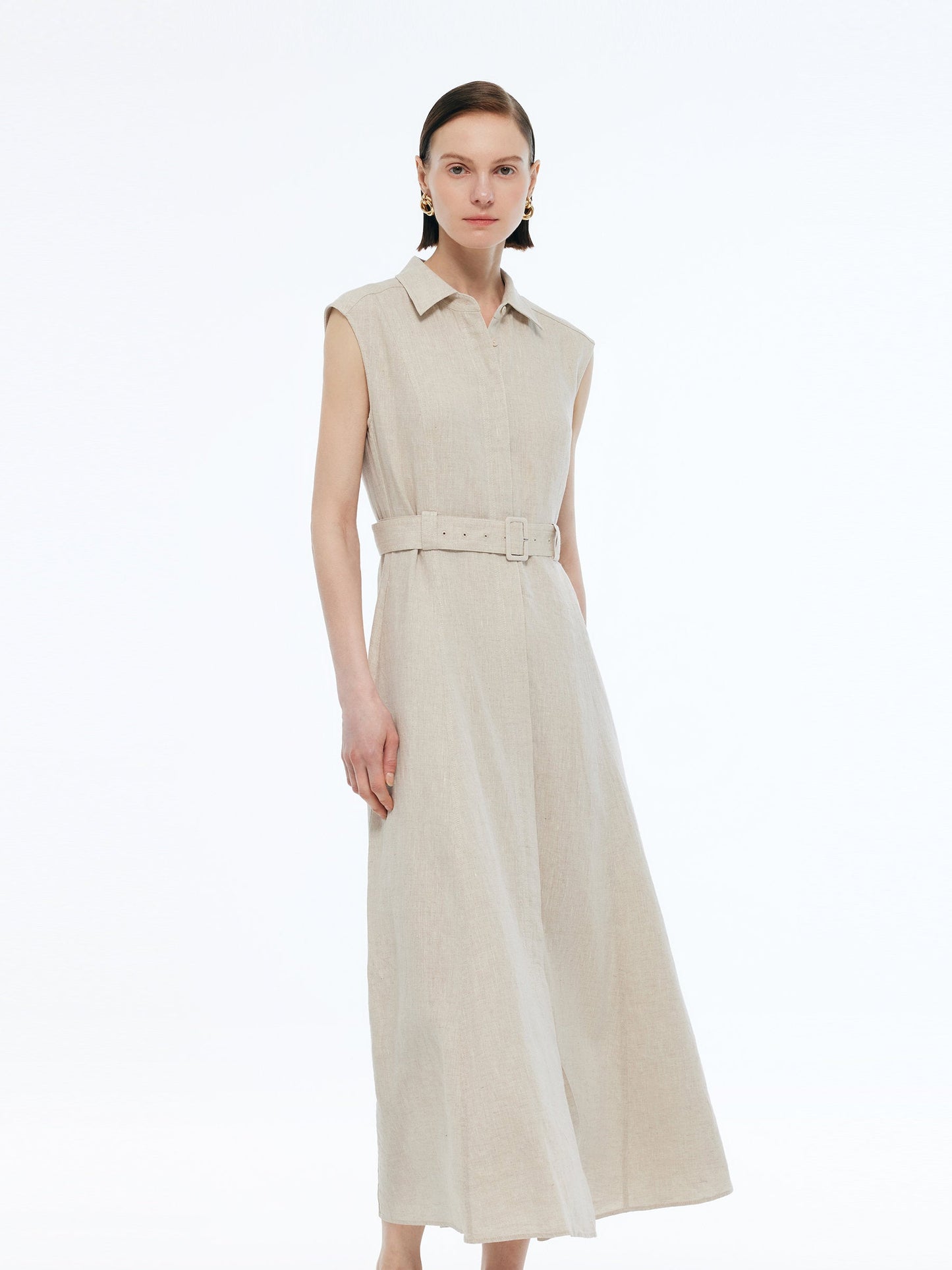 100% Linen Women Vest Maxi Shirt Dress With Belt